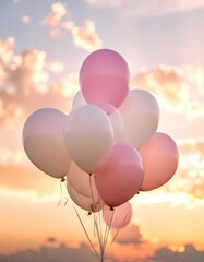 Pastel Pink and White Balloons against a Golden Sunset Sky