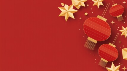 Festive chinese new year background with red lanterns and golden stars, creating a vibrant and celebratory atmosphere