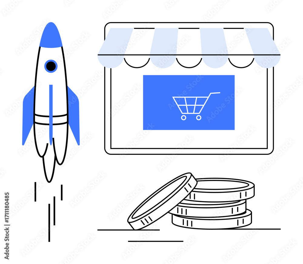 Poster rocket launching beside a digital storefront with a cart icon and stacked coins representing progres