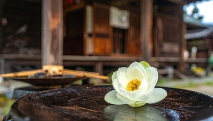 Peaceful White Lotus Blossom in Front of Traditional Wooden Japanese House