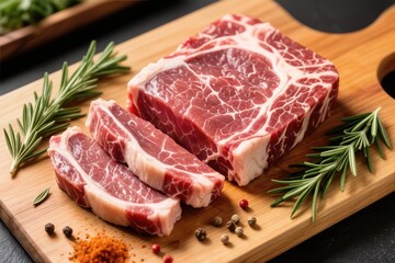 Fototapeta premium Raw meat. Raw beef steak on a cutting board with rosemary and spices.