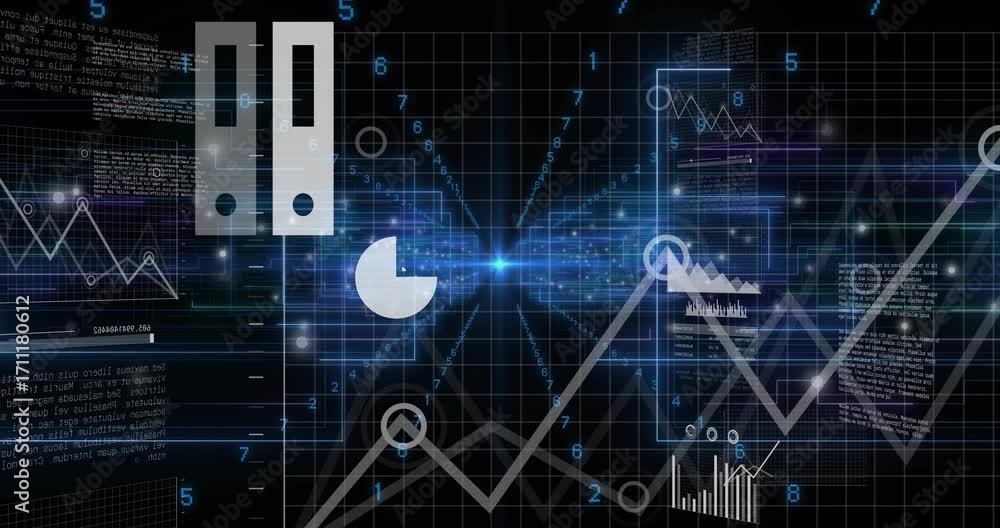 Poster converging blue streams starting cloud-laptop hub animating, expanding charts showing data cycle