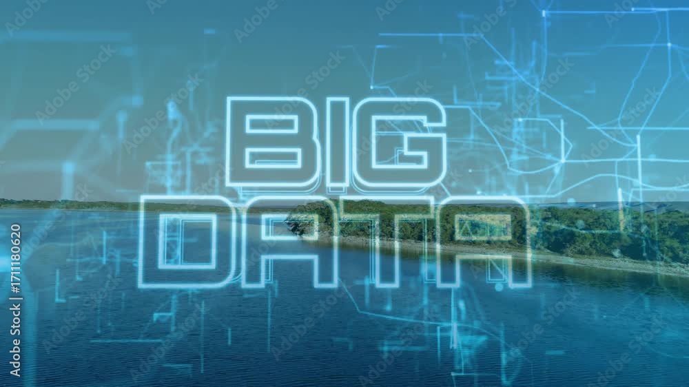 Poster drifting circuit lines converging into glowing big data text over calm water visualizing network
