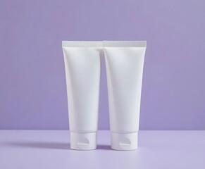 Two clean white cosmetic tubes stand ready for branding, showcasing skincare product packaging potential on pastel background.