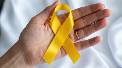 Closeup of a hand with a wedding ring holding a yellow ribbon on a white background, symbolizing hope, awareness, and support