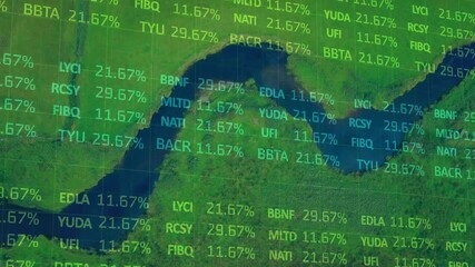 Opening on top-down river view, floating tickers shifting percentages, visualizing data trends - Powered by Adobe