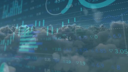 Opening on clouds candlestick emerging bar chart sliding gauges rotating illustrating data updates - Powered by Adobe