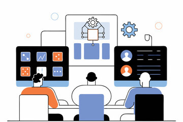 Team collaborates on digital strategy reviewing data charts and user profiles on large screens