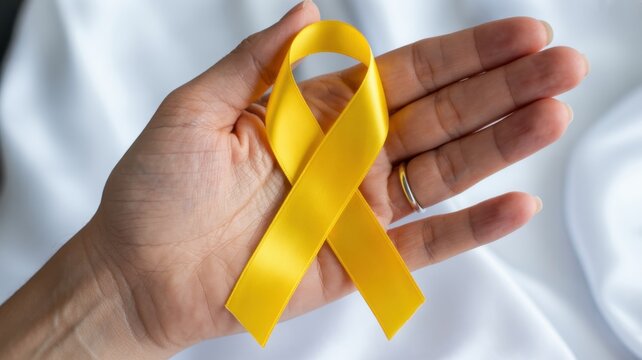 Closeup of a hand with a wedding ring holding a yellow ribbon on a white background, symbolizing hope, awareness, and support