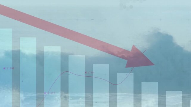 When translucent bars fading in over waves, curved line sweeping arrow descending showing data drop