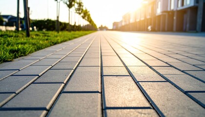 Perspective View of a Paved Pathway Lined with Houses at Sunset