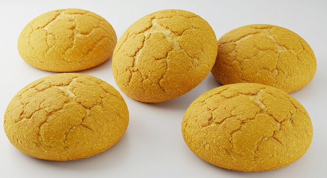Traditional Brazilian cornmeal bread rolls with rustic crust, isolated on white, professional bakery photo