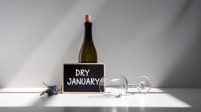 Dry january concept with wine bottle, glass and sign on white table isolated on white background concept of abstaining from alcohol in january