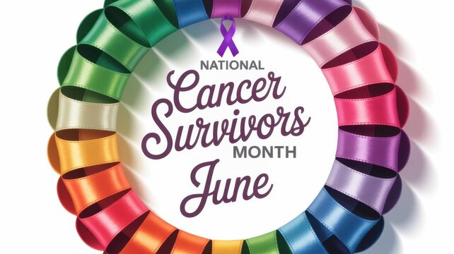 National cancer survivor month june text on white background colorful ribbon wreath with purple ribbon for cancer awareness isolated on white background - Powered by Adobe