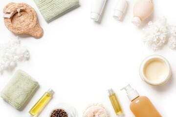 Skincare Beauty Products on white table, assortment of cosmetics bottles and tubes, healthy cosmetology, spa treatment concept, copy space.