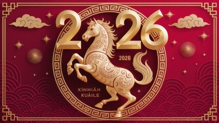 Happy chinese new year 2026 year of the horse zodiac sign, gold horse with red background, asian lunar new year celebration concept