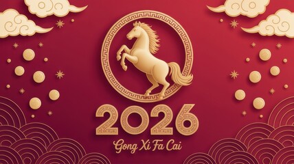 Golden horse illustration for chinese new year 2026, featuring traditional elements and festive greetings for a prosperous celebration
