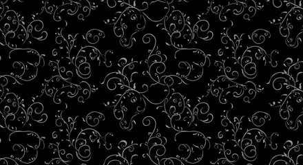 Seamless floral vine pattern in white over black, perfect for posters, branding, and textile printing.