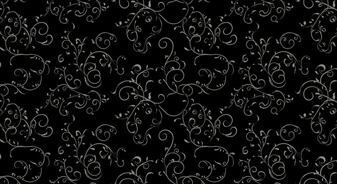 Seamless floral vine pattern in white over black, perfect for posters, branding, and textile printing.