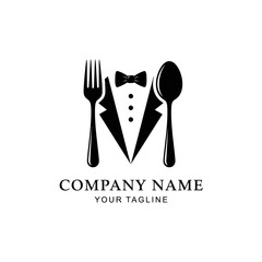 A black and white logo featuring a spoon as a head, a bow tie, and a tuxedo, with a fork and a small plate on the side, representing a formal dining or catering service.