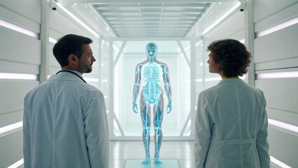 Doctors discussing holographic human anatomy model in futuristic medical lab, showcasing advanced technology and innovation