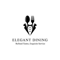 A black and white logo featuring a spoon as a head, a bow tie, and a tuxedo, with a fork and a small plate on the side, representing a formal dining or catering service.
