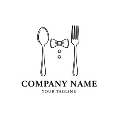 A black and white logo featuring a spoon as a head, a bow tie, and a tuxedo, with a fork and a small plate on the side, representing a formal dining or catering service.