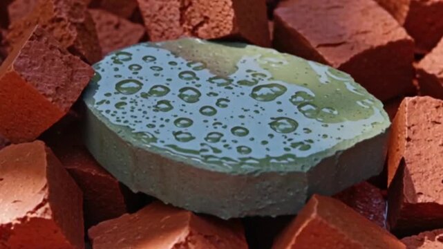 Rain-Kissed Surface on Bricks: A captivating close-up showcases a small, circular stone, delicately adorned with rain droplets, resting amidst a bed of red bricks, capturing a moment of serenity.
