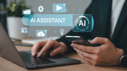 Ai assistant concept person using a laptop and smartphone with ai assistant interface, showcasing the integration of artificial intelligence