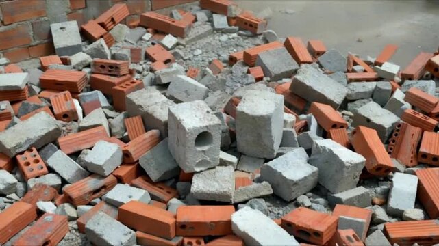 Debris of demolition: A chaotic heap of discarded bricks and fragmented concrete. This image captures the raw essence of destruction and transformation.