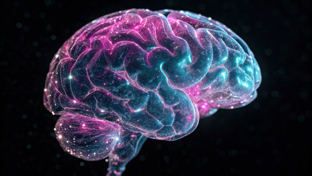 Glowing, abstract representation of human brain with vibrant pink and blue fractal like patterns, symbolizing artificial intelligence