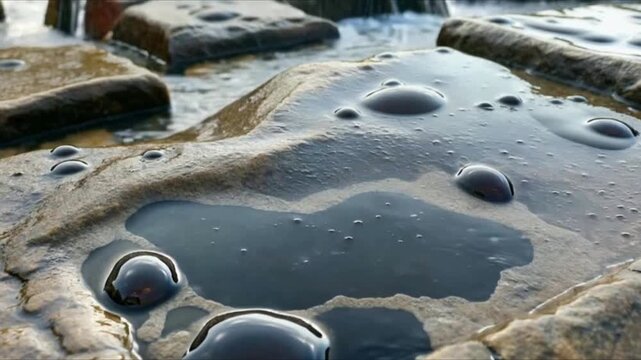 Nature's Contemplation: Close-up view capturing the reflective surface of water pooling on a textured stone, with mesmerizing water bubbles.