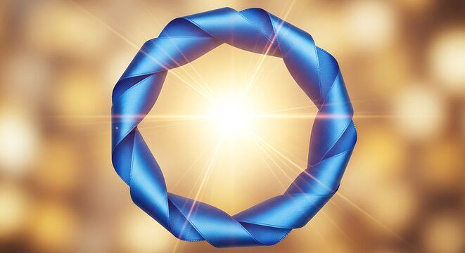 A bright, glowing sunburst emanates from the center of a blue, twisted ribbon forming an octagonal shape.