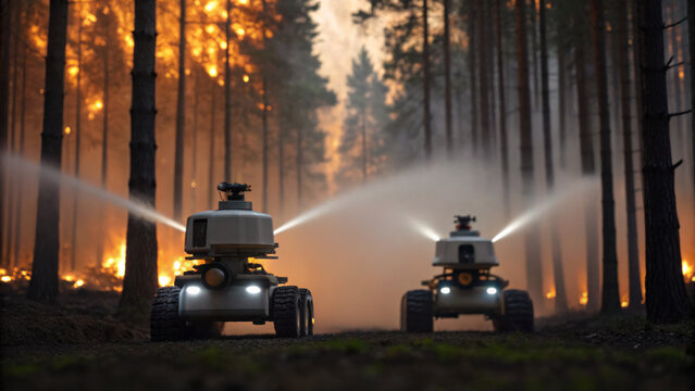 Autonomous fire fighting robots spraying mist burning forest trees, showcasing advanced technology wildfire management and environmental