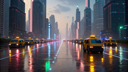 Naklejka premium Futuristic autonomous taxis driving through vibrant cityscape with glowing skyscrapers and wet reflective streets during twilight