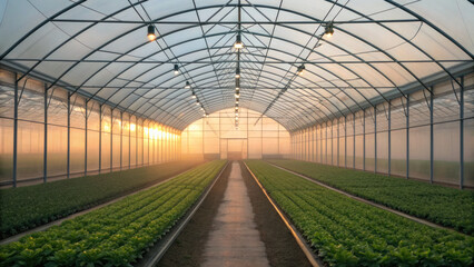 Modern greenhouse interior with rows of lush green plants, illuminated by warm sunlight and artificial lights, showcasing advanced agricultural
