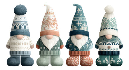 Cute Holiday Gnomes in Cozy Sweaters with Festive Patterns Isolated on Transparent Background