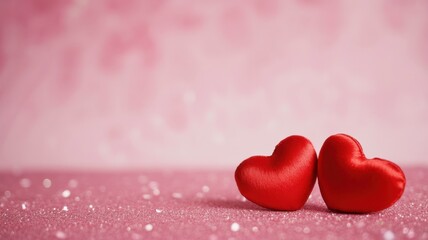 Obraz premium Two red hearts on a pink glittery surface, symbolizing love, romance, and valentines day, perfect for backgrounds and romantic themes