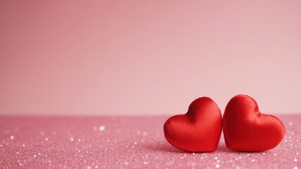 Fototapeta premium Two red hearts on a pink glittery surface, symbolizing love, romance, and valentines day, perfect for backgrounds and romantic themes