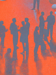 Silhouettes of people interacting in a vibrant orange space.