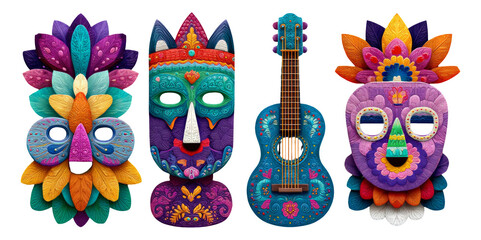 Colorful Isolated Art Masks and Guitar on Transparent Background for Creative Use