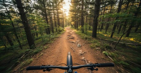First-person view of mountain biking on a dirt trail through a sunlit forest, conveying speed and adventure.