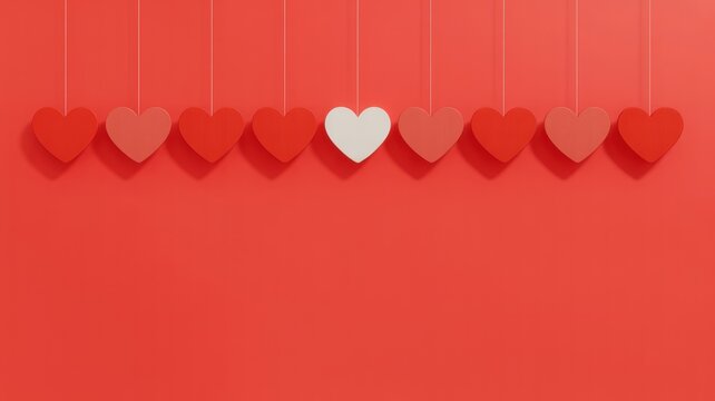 A row of red and pink hearts hanging from strings, with one white heart in the middle, against a red background, creating a warm design - Powered by Adobe