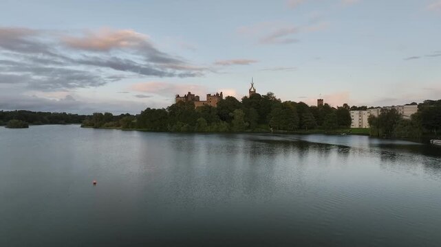 Linlithgow Palace from a drone, Linlithgow Loch, West Lothian, Scotland