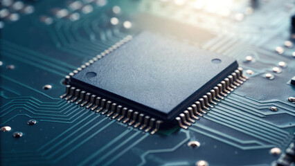 Close up view of microchip on circuit board, showcasing intricate details of electronic components and connections
