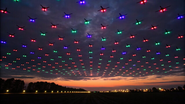 Mesmerizing swarm of drones with colorful lights forms synchronized pattern against twilight sky, creating futuristic and artistic display