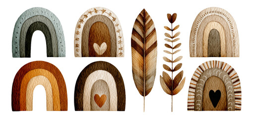 Colorful Wooden Shapes with Leaf and Rainbow Designs on Transparent Background
