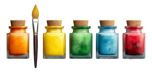 Vibrant Paint Jars and Brush Isolated on Transparent Background for Artistic Use