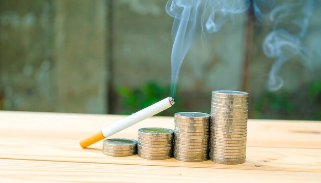 Smoking's financial cost, a cigarette rests atop a rising stack of coins - Powered by Adobe