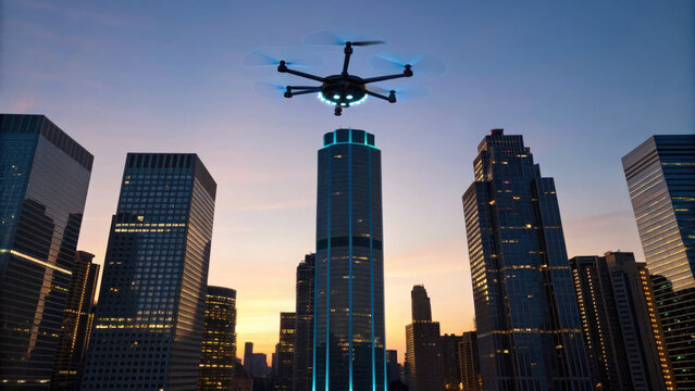 Futuristic drone scanning skyscrapers with holographic technology during sunset, showcasing innovation and urban development